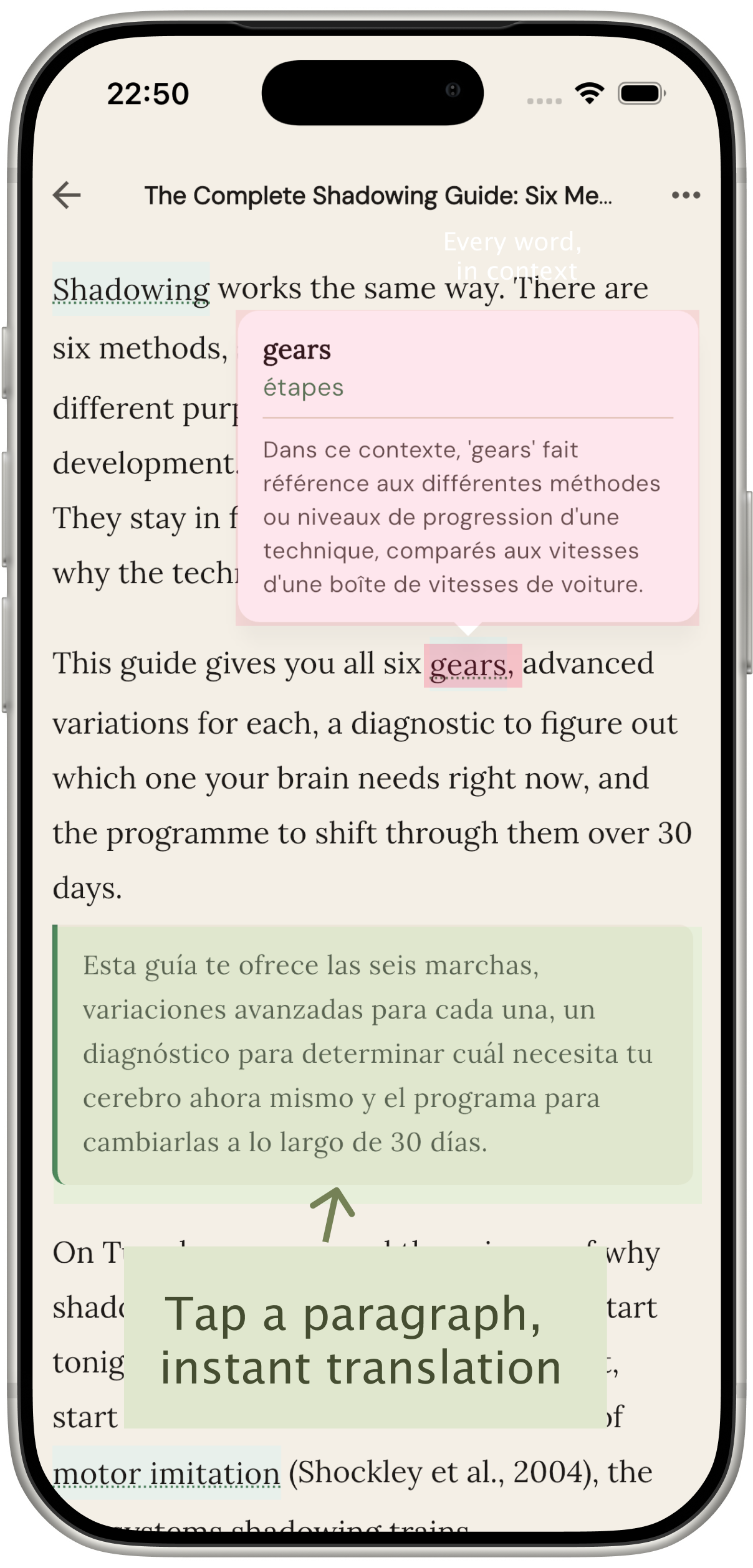 HushRead showing an article in a target language with tap-to-reveal translation
