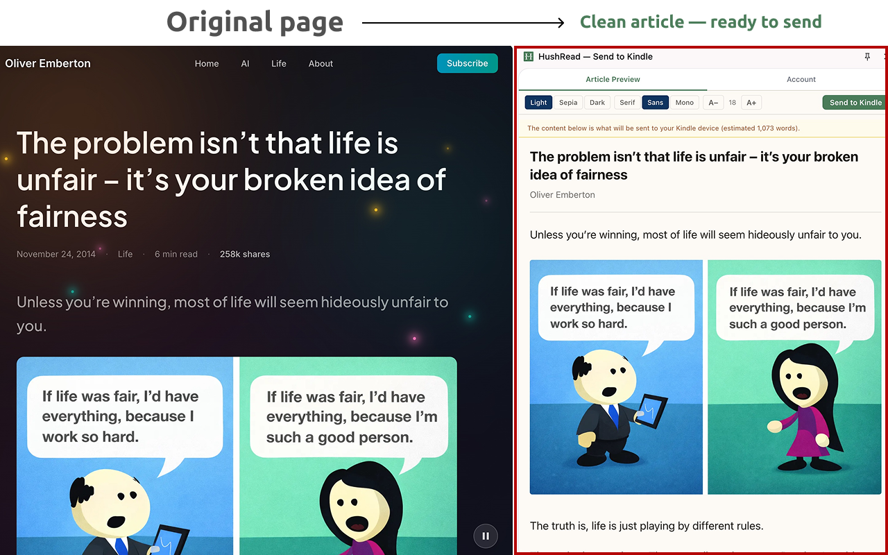 HushRead Chrome extension sending a web article to Kindle as EPUB3
