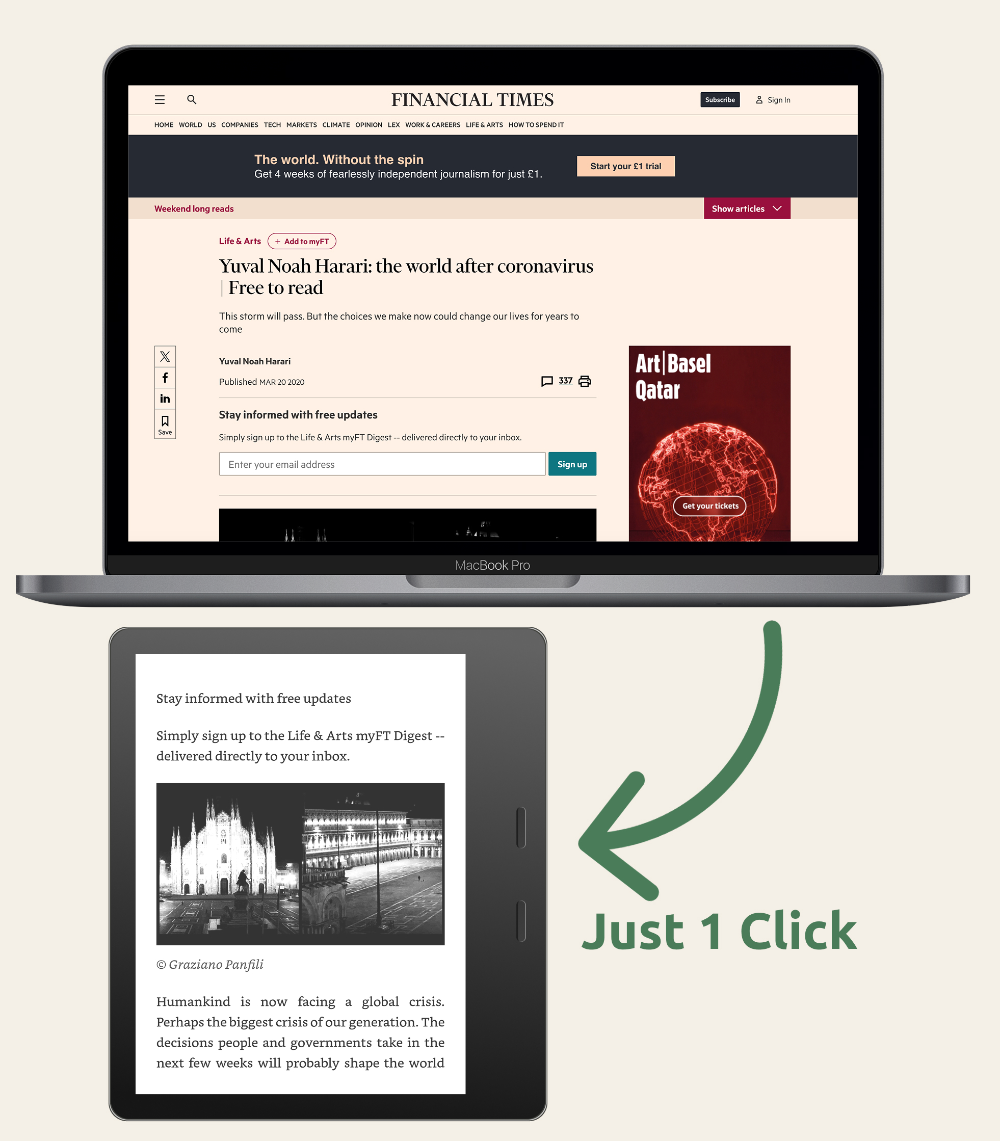 HushRead Chrome extension sending a Financial Times article to a Kindle in one click